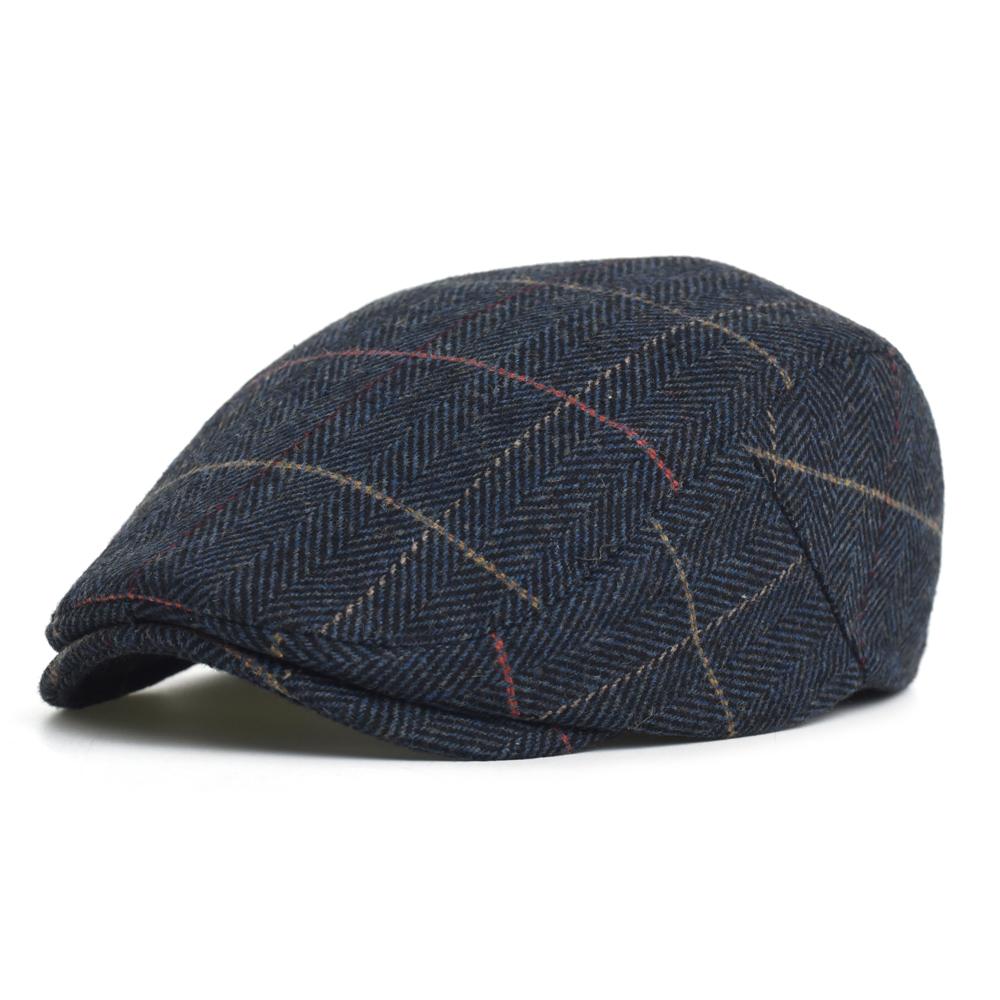 Newsboy Cap Men Winter Thick Warm Vintage Herringbone Casual Stripe Berets Flat Hat Peaked Cap Adjustable