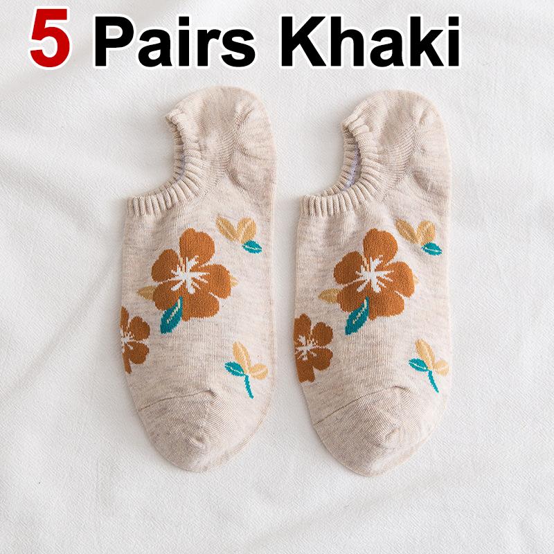 5/10 Pairs Women Flower Pattern Invisible Socks Spring Summer Sweat Absorbing Breathable Soft Comfortable Knitted Casual Socks