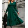 Autumn Fashion Style Fashion Commuter Ol Pure Color V-neck Waist-Controlled Slimming Temperament Long Sleeve Large Swing Dress Dress Dress