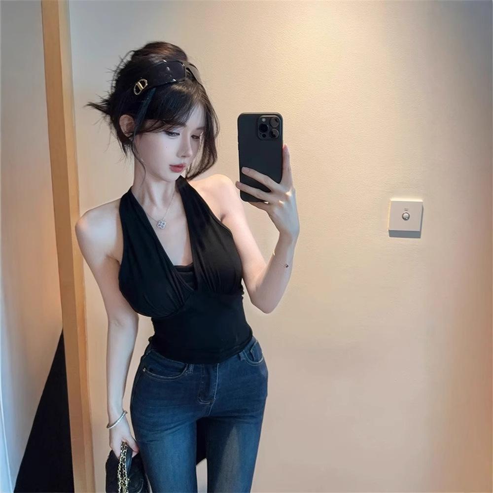 Women's Black Sexy Backless Lace-Up Halter Tank Top for Summer