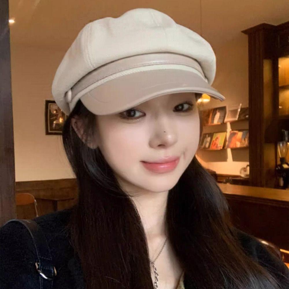 British Style Pu Leather Beret Korean Style Painter Hat Casual Wool Octagonal Hat  Winter
