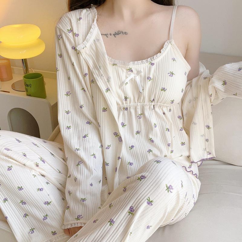 Women's Four-Piece Pajama Set: Cotton Suspenders, Long Sleeve Top, Trousers & Shorts for Spring & Autumn Relaxation