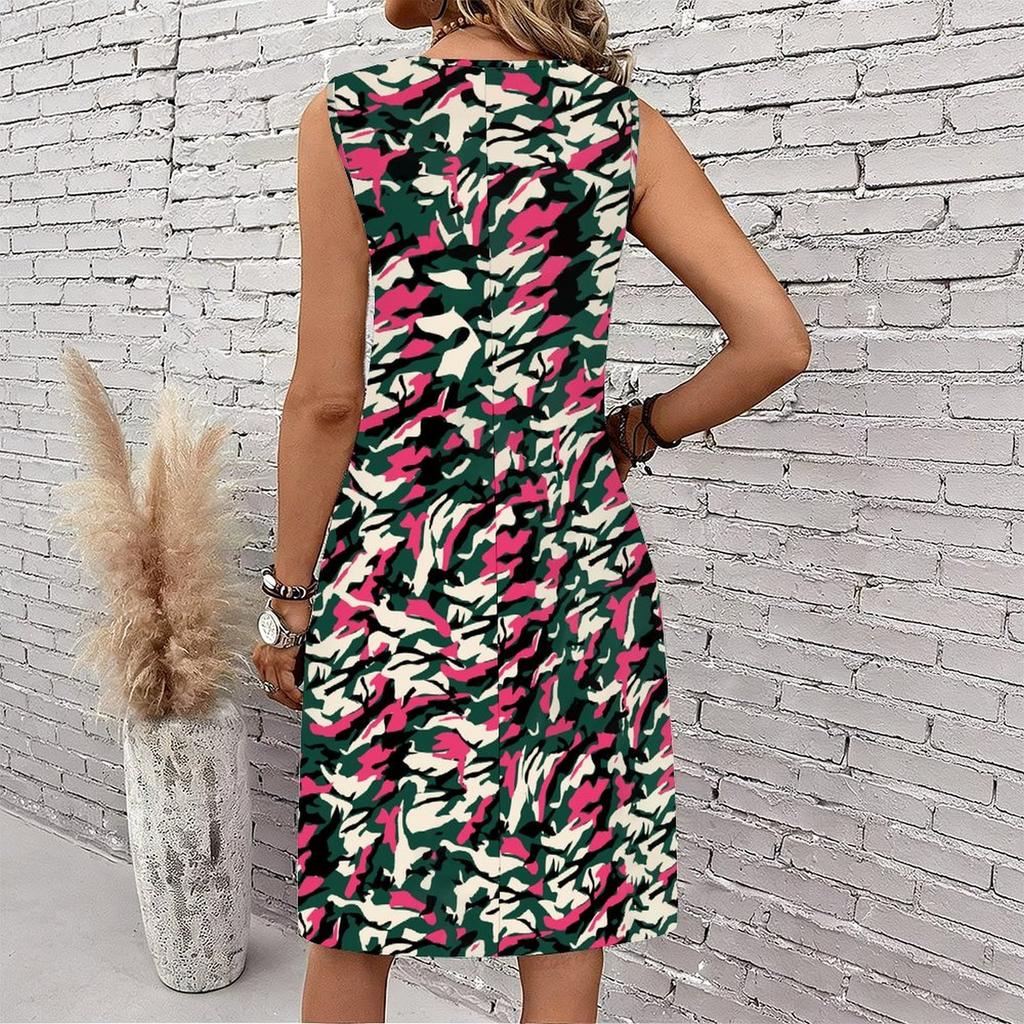 Plus Size V Neck Sleeveless Dress Pine Ridge Misty Ink Print For Mountain Scenic Tour