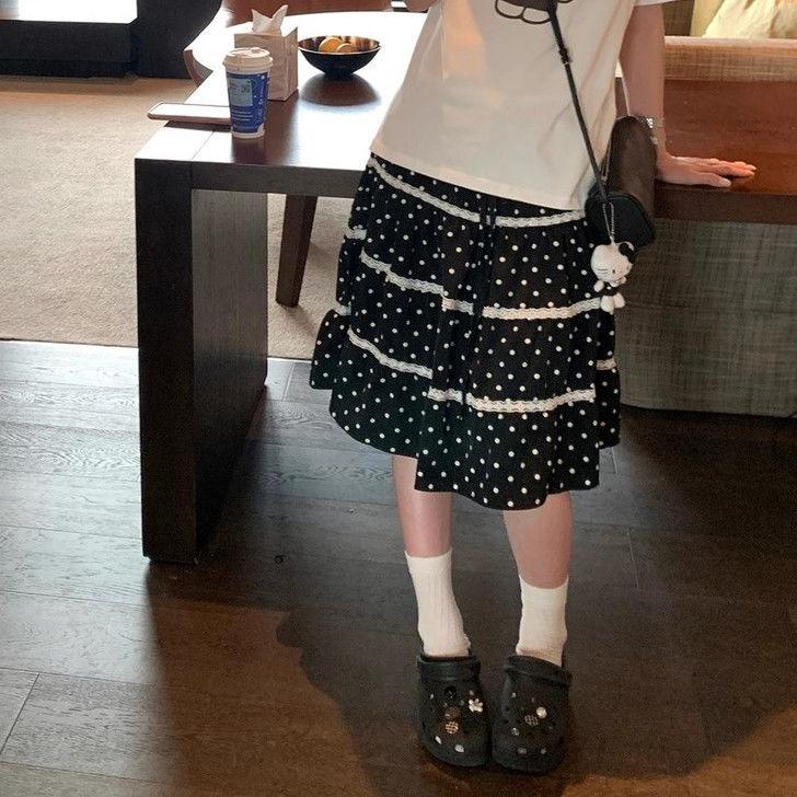 Women's Sweet Black A-line Skirt with Brown Sugar Rose Lace & Polka Dots - Thin Summer Style