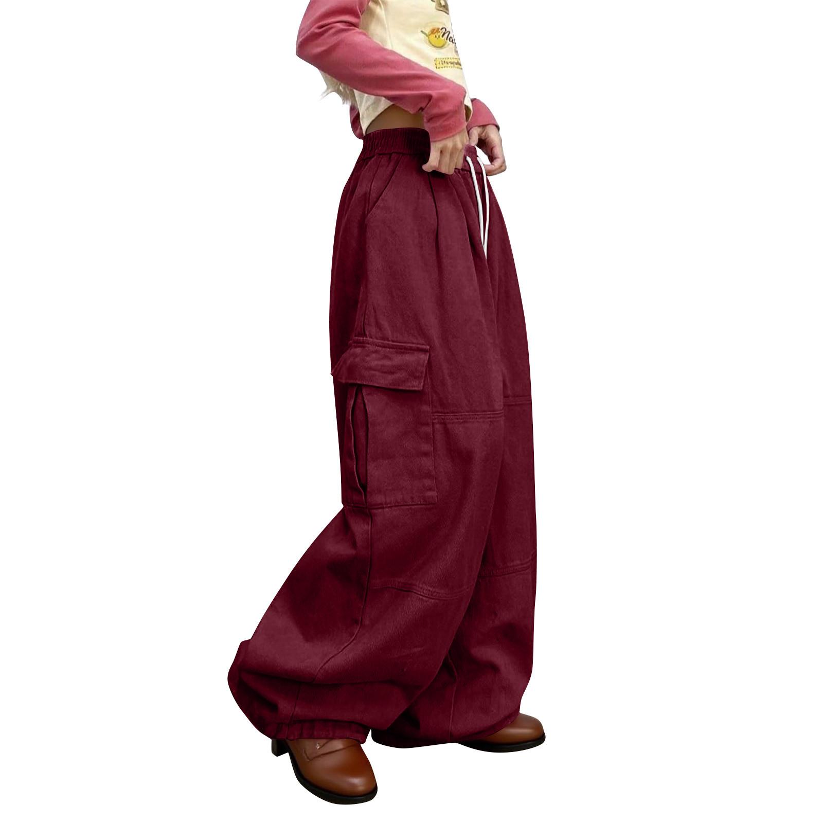 

Мешковатые брюки карго для женщин и мужчин, широкие спортивные штаны, брюки на высокой талии со шнурком, одежда в стиле хип-хоп XL красный