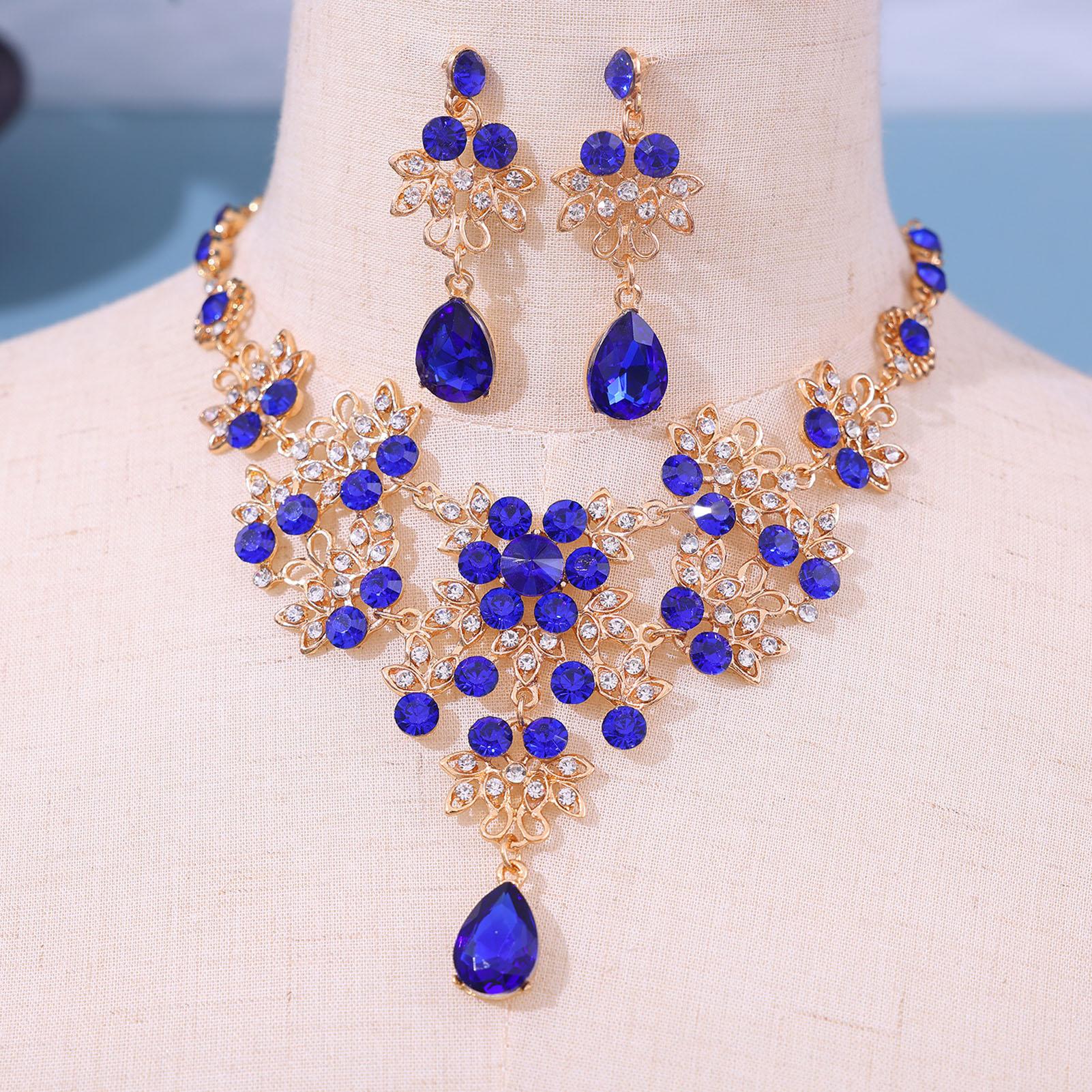 Women Shiny Rhinestone Water Drop Necklace and Earrings Set Alloy Jewelry Set for Women Wedding Party Accessories