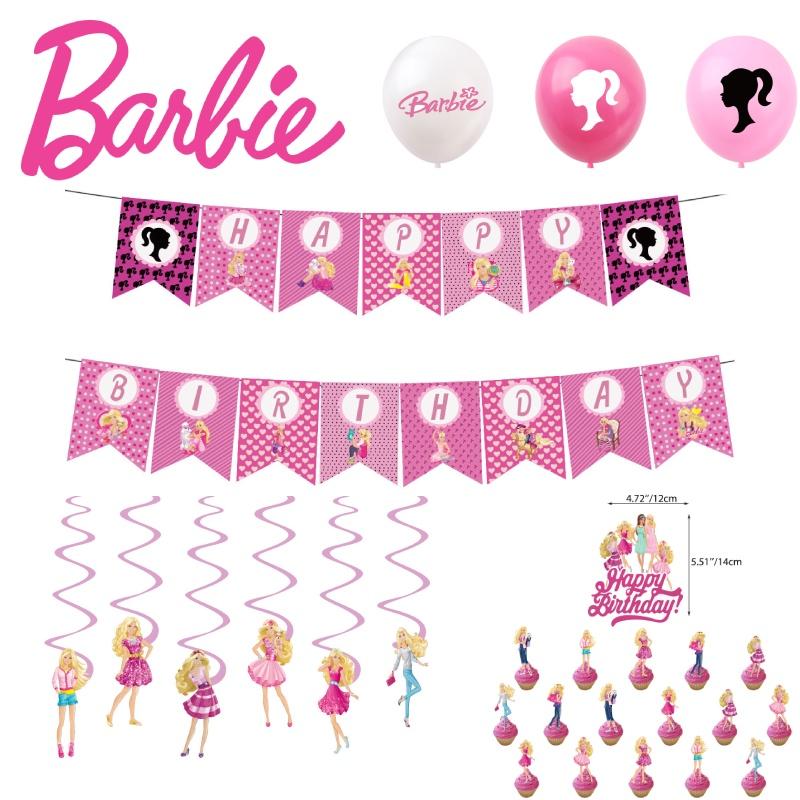 Barbie Doll Themed Purple Birthday Party Decoration Set With Cartoon Flags, Latex Balloons, And Cake Toppers