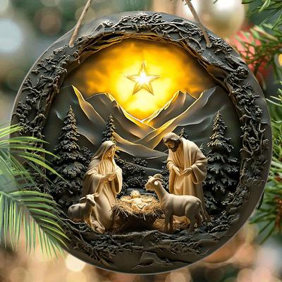 Pingente de cena da Natividade da noite sagrada, decoração de paredes ou portas de casa, madeira plana 2D, decoração de Natal, presentes para amigos e família