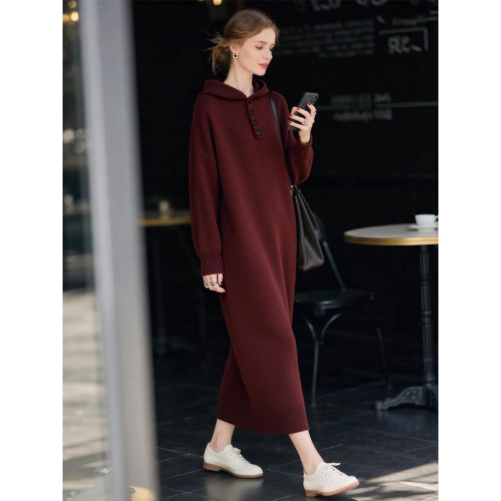 60314 Winter Knit Hooded Long Dress - Plus Size, Loose Fit, Long Sleeve, Over-the-Knee, Stylish for Autumn and Winter