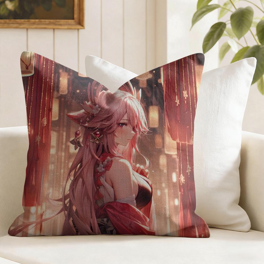 Yae Shrine Maiden Genshin Impact Cushion Cover Natural Linen Double Sided Print Throw Pillow Case for Sofa Couch Home Decor