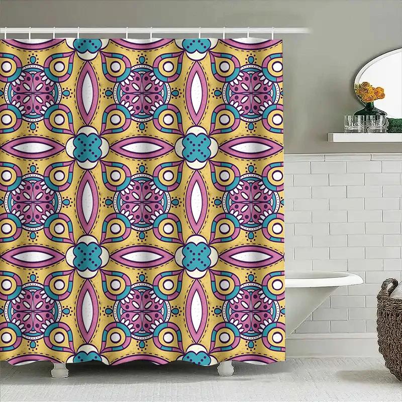 Colorful Mandala Shower Curtain Waterproof Fabric Home Decor Bath Hanging Tassel Yellow Blue Pink Purple White Round Shape Patte