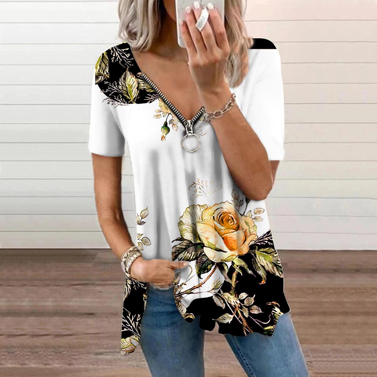 

Женский топ, летняя новая мода, розовый, с принтом сверкающих роз, повседневный топ на молнии с v-образным вырезом и короткими рукавами 8XL жёлтый