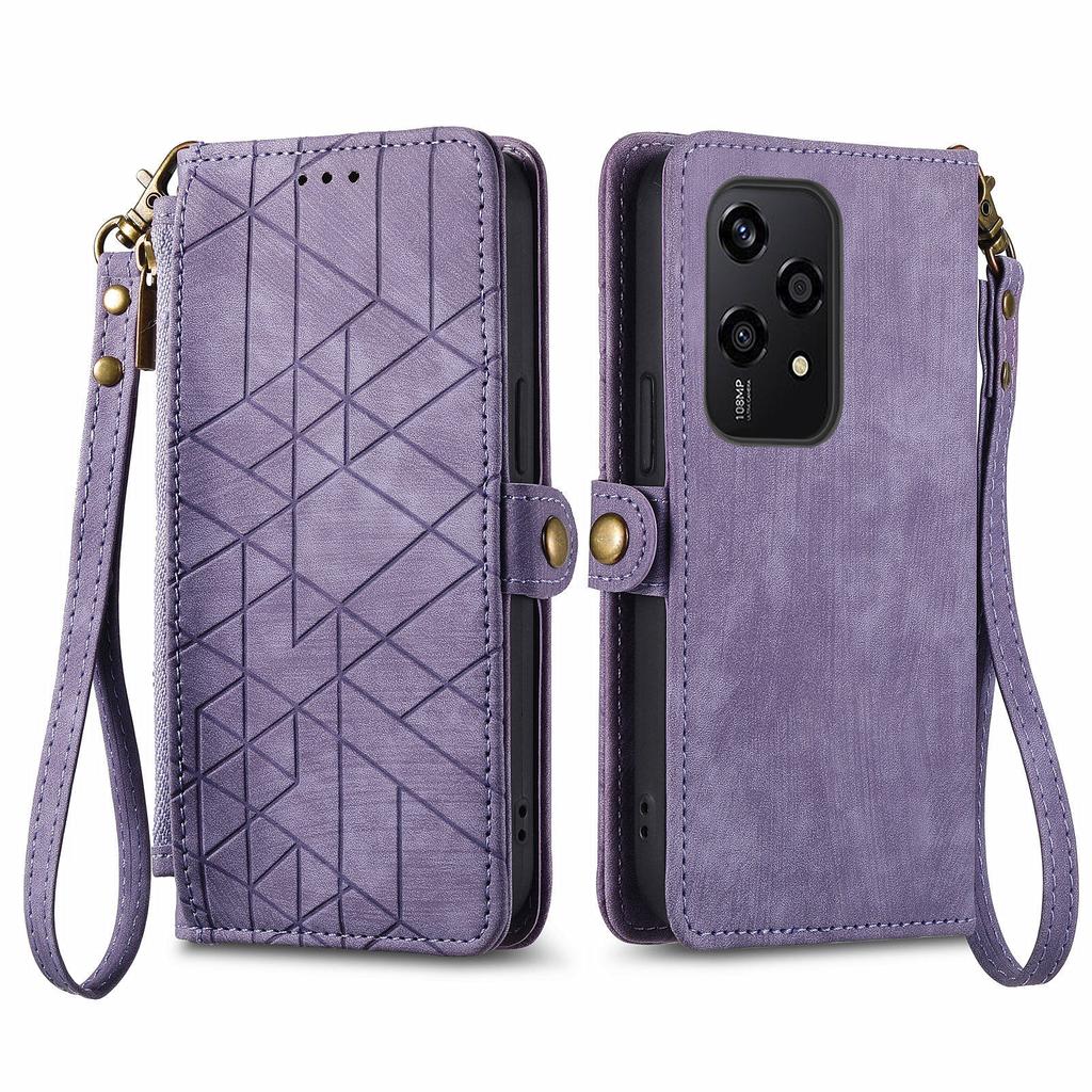 For Honor 200 Lite Phone Case Geometry Imprint Leather Zipper Wallet Stand Cover