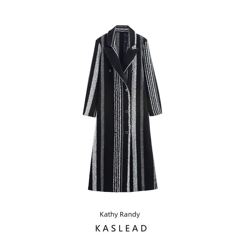 Kaslead New Women Clothes Western Style Fashion Simple Temperament Black and White Stripe Woolen Coat