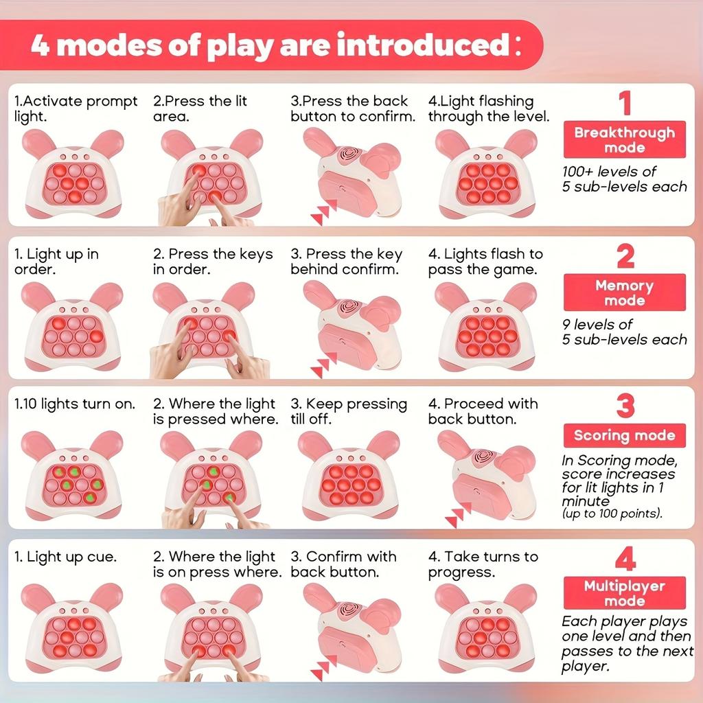 1 intelligentes Spielzeug, 4 Modi, 999 Spiellevel, mit Lichtern, Schnell-Drück-Spielkonsole, Handheld-Spielkonsole, Schnelle Puzzle-Spielkonsole, Drück-Blasen-Spielzeug, Spielkonsole