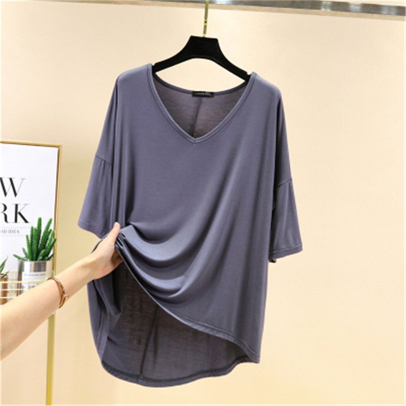 

Базовая рубашка с V-образным вырезом, женская летняя тонкая футболка с рукавом пять четвертей, большой размер, свободный и универсальный топ со средним рукавом в корейском стиле 2XL серый