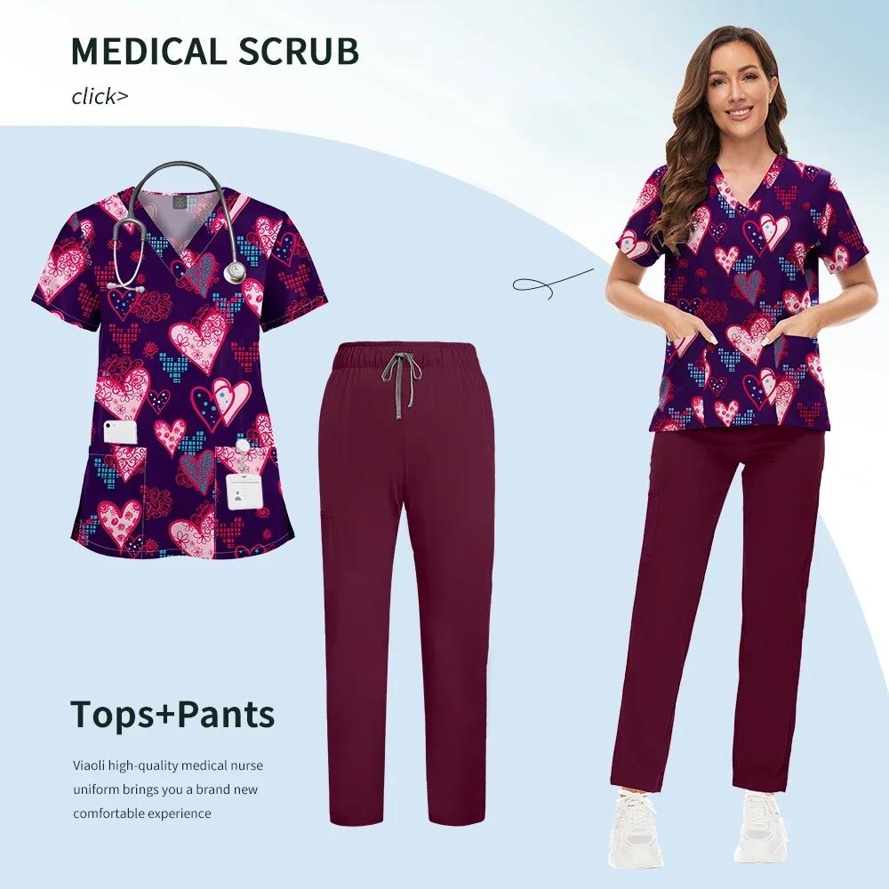 Printed Scrub Uniform Set V Neck Short Sleeves Pockets Top Medical Soft Scrub Pants Sets Nurse Surgical Uniforms Woman