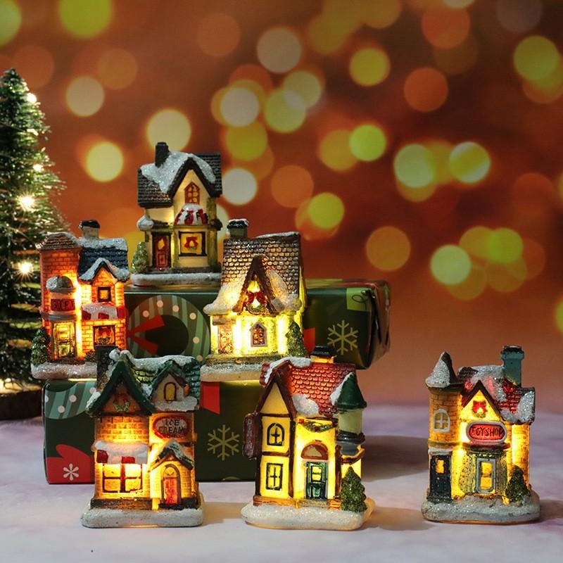 Christmas Resin House Figurine LED Light Up Snowy Village House Ornament Mini Desktop Decoration Xmas Gift