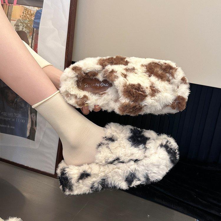 Plush One Word Dragging Women's Autumn and Winter Cow Color Thick Bottom Outer Wearing Cotton Dragging with Velvet Warm Fury Slippers
