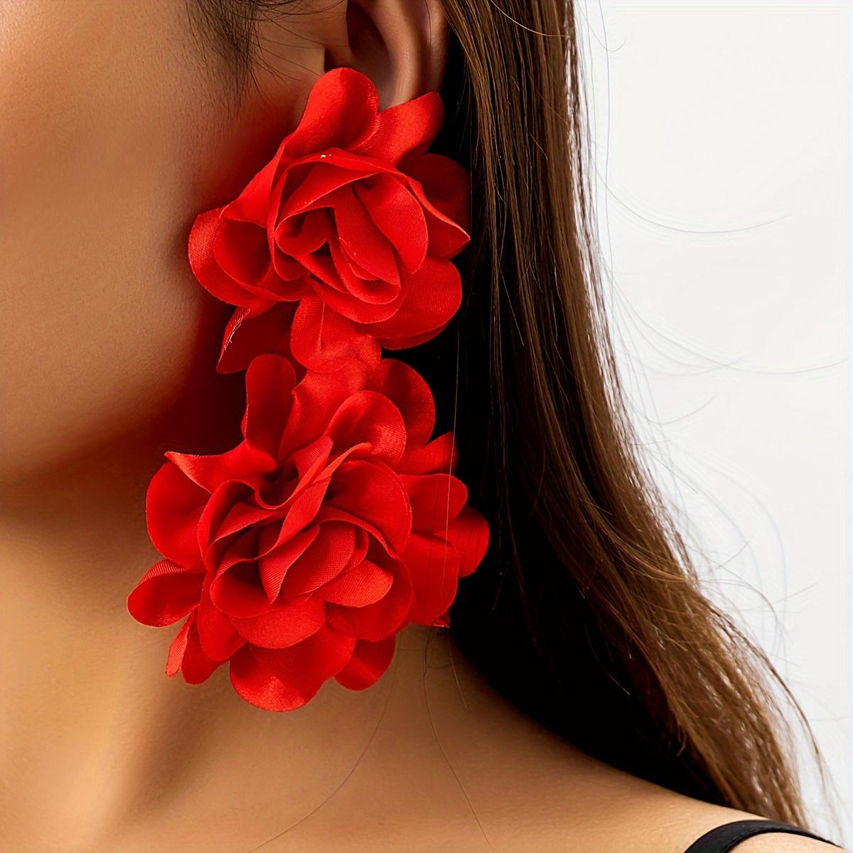 

Exaggerated Double Fabric Flower Design Dangle Earrings Bohemian Vacation Style Delicate Holiday Ear Ornaments