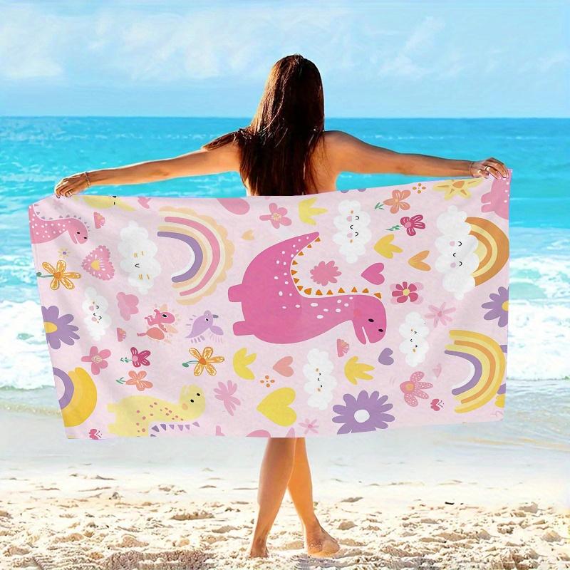 Pink Dinosaur Rainbow Cloud Heart Flower Beach Towel, Quick Dry Soft Microfiber Bathing Sheet for Adults Travel Camping Pool W40*H60(CM)