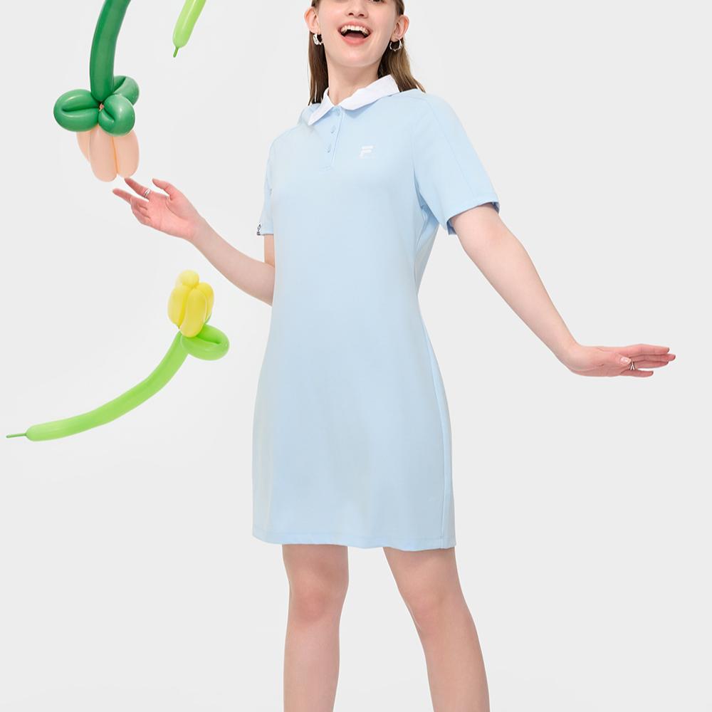 FILA Fusion SS24 College Style Breathable Casual Loose Straight Leg Knitted Polo Short Sleeve Dress Women dresses Laiwu-Blue T11W423305F-LB