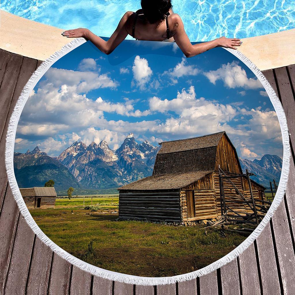 Pretty Country Scenery Print Round Beach Blanket,Polyester Sand Resistant Beach Towel,Absorbent Quick Dry Pool Towel Picnic Mat
