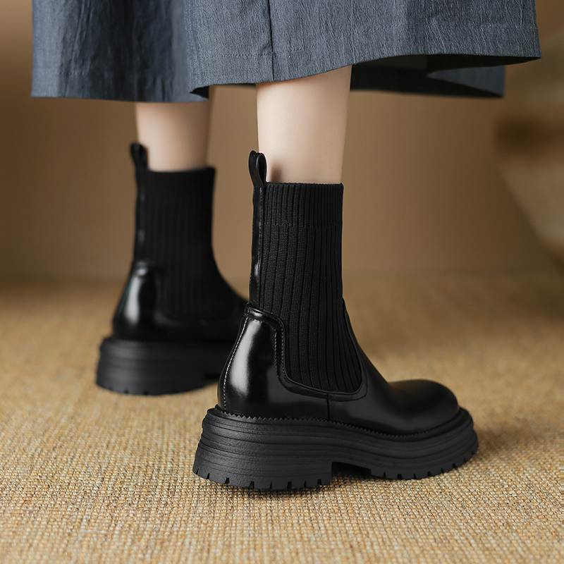 Krazing Pot Microfiber Autumn Winter Shoes Thick High Heels Flat Platform Size 43 Motorcycle Boots Knitwear Non-slip Ankle Boots