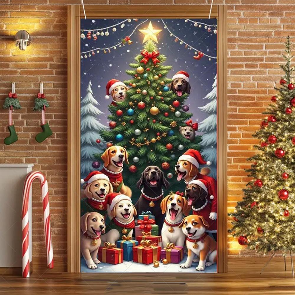 Cartoon Pet New Year Christmas Party Decorations Cat Dog Theme Door Covers Background Supplies Xmas Tree Photography Backdrop