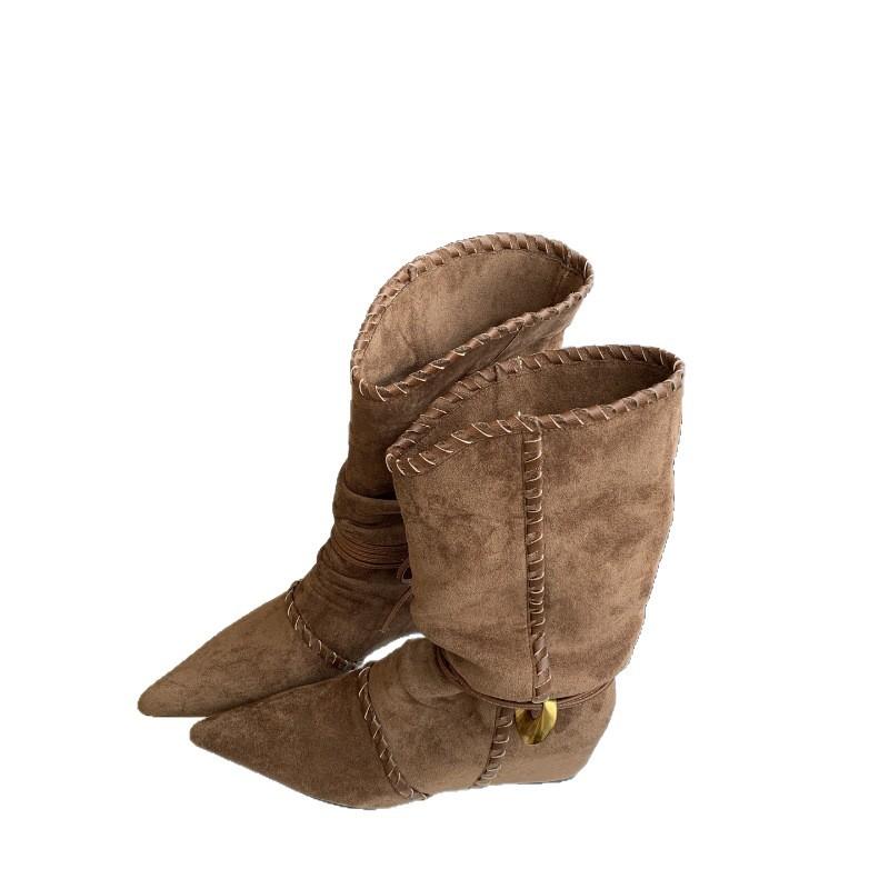 Inner height increase fashion suede thin knight boots women's 2025 autumn and winter new pointed western cowboy stacking boots