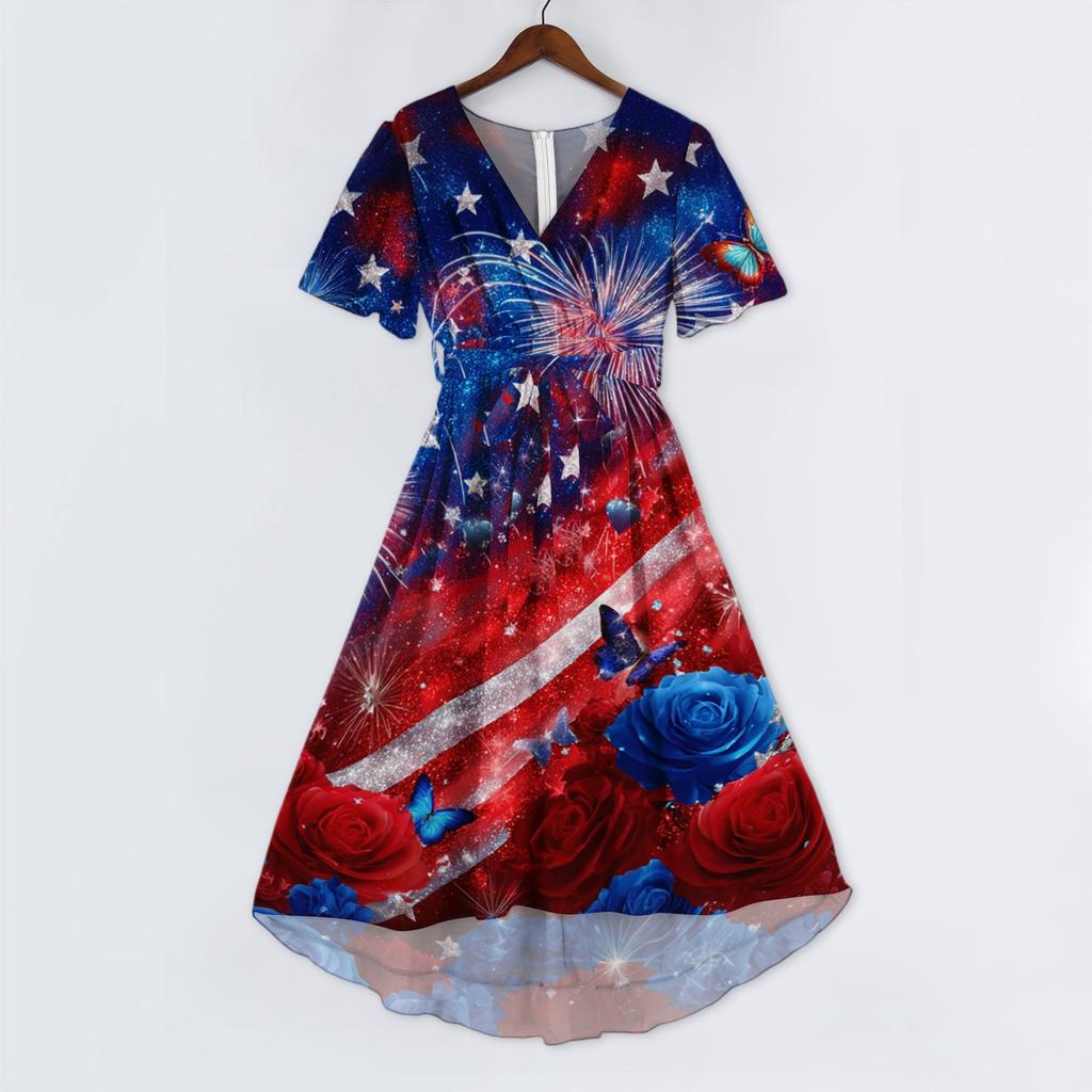 Women's Casual V Neck Short Sleeve Dress with Abstract Star and Stripe Print Midi Length Comfortable Fit for Everyday Wear