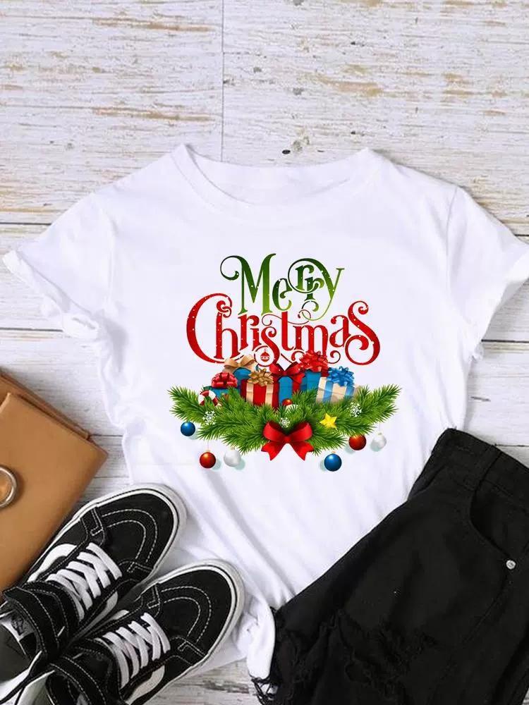 Christmas Womens Round Neck Short Sleeved Christmas Tree Reindeer Print Womens Loose Oversized Comfortable White Tshirt