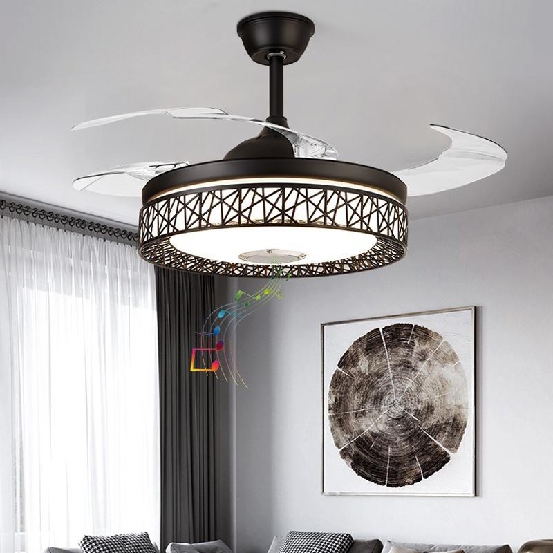 Led Invisible Blck Ceiling Fans Light 42" Retractable Blade Bluetooth Modern Folding Fan Lamp APP Remote Control Hanging Light