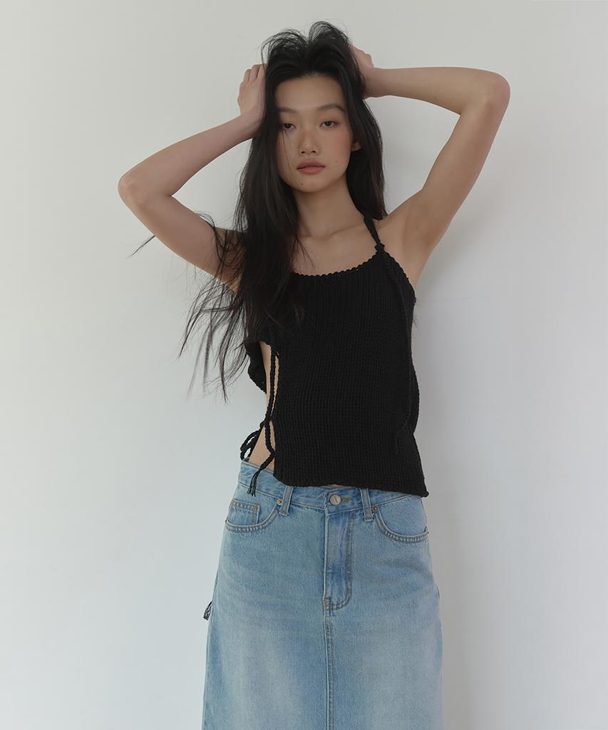 Lonkeu Tie-Up String Knit Top (Black)