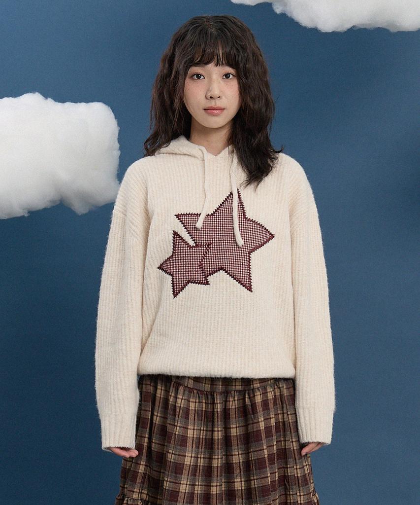 WAIKEI Big Star Check Applique Hoodie Knit Ivory