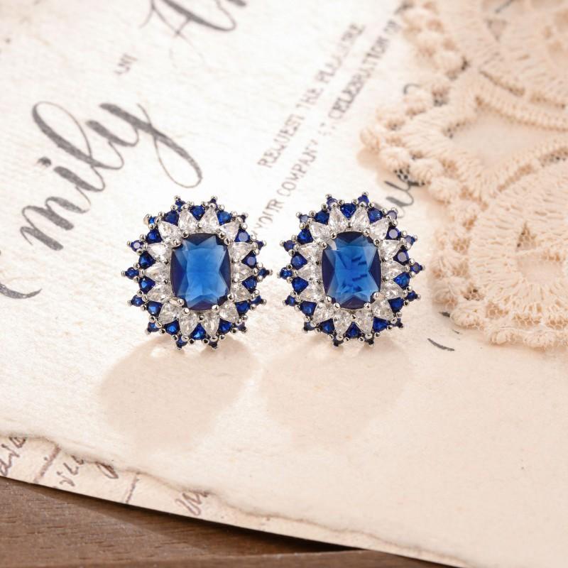 Geometric Blue Topaz Stud Earrings Women Sterling Post Hypoallergenic Alloy Jewelry French Vintage Style