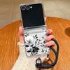 Wrist Strap Lanyard Phone Case For Samsung Galaxy Z Flip7 Flip6 Flip5 Flip 7 FE 6 5 4 3 5G Pink White Flower Pattern Clear Cover