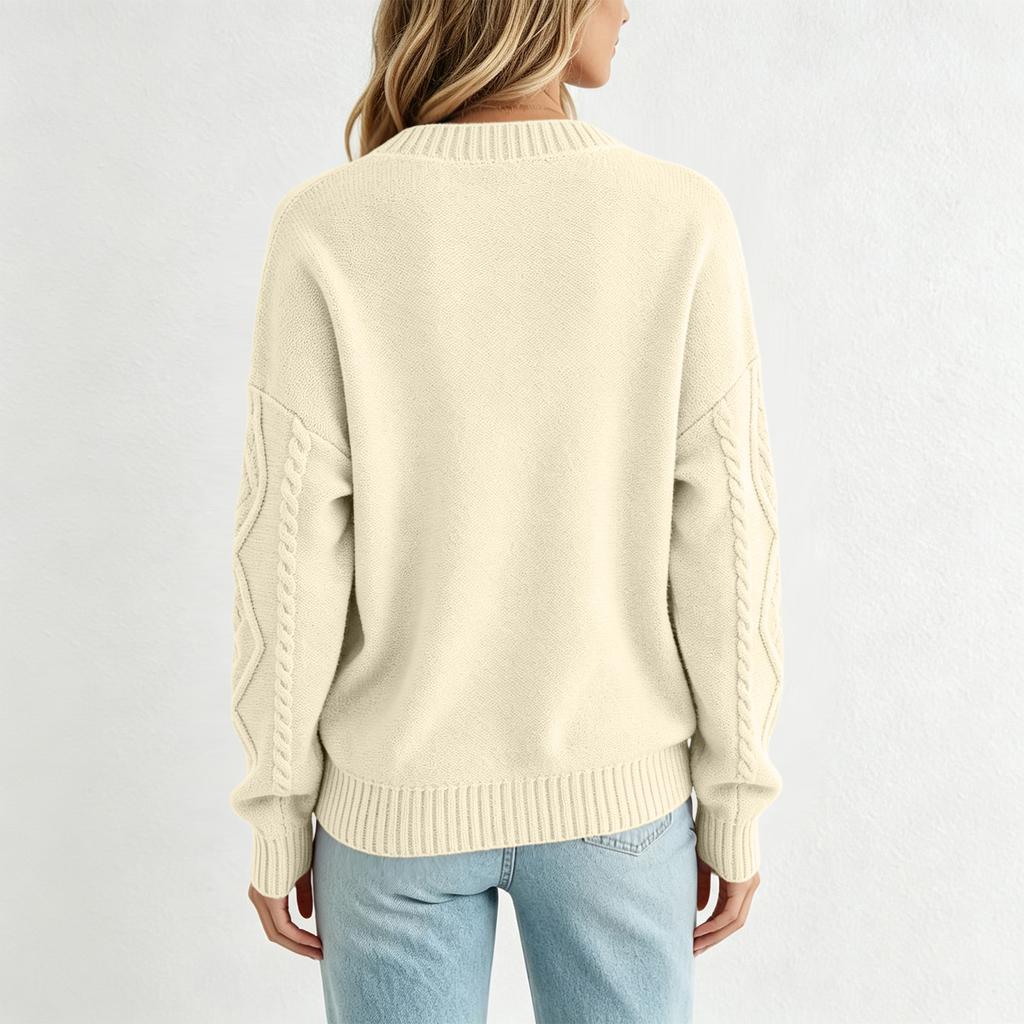 Women's Color Long Sleeve V-Neck Buttoned Cable Knit Cardigan Sweater