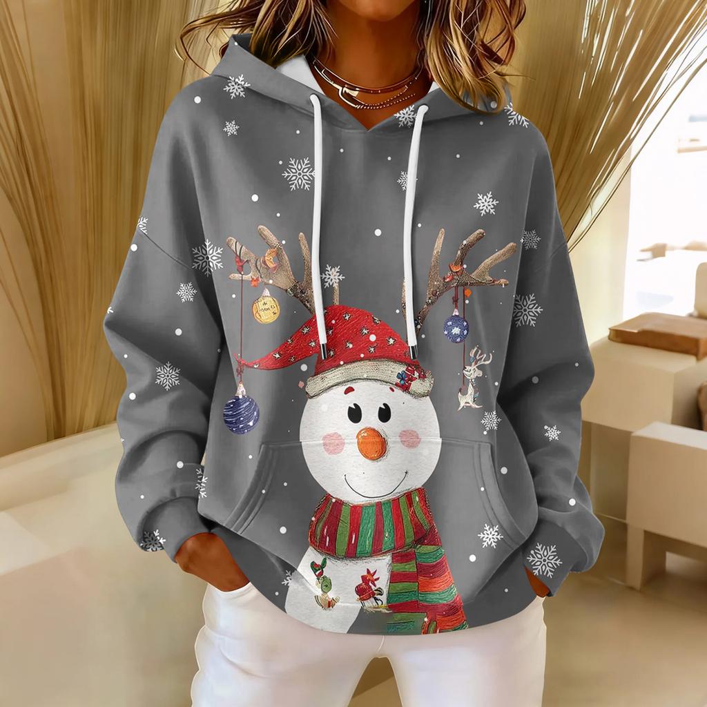 Women's Loose Comfortable Casual Fashion V-Neck Christmas Print Long Sleeve Hoodie