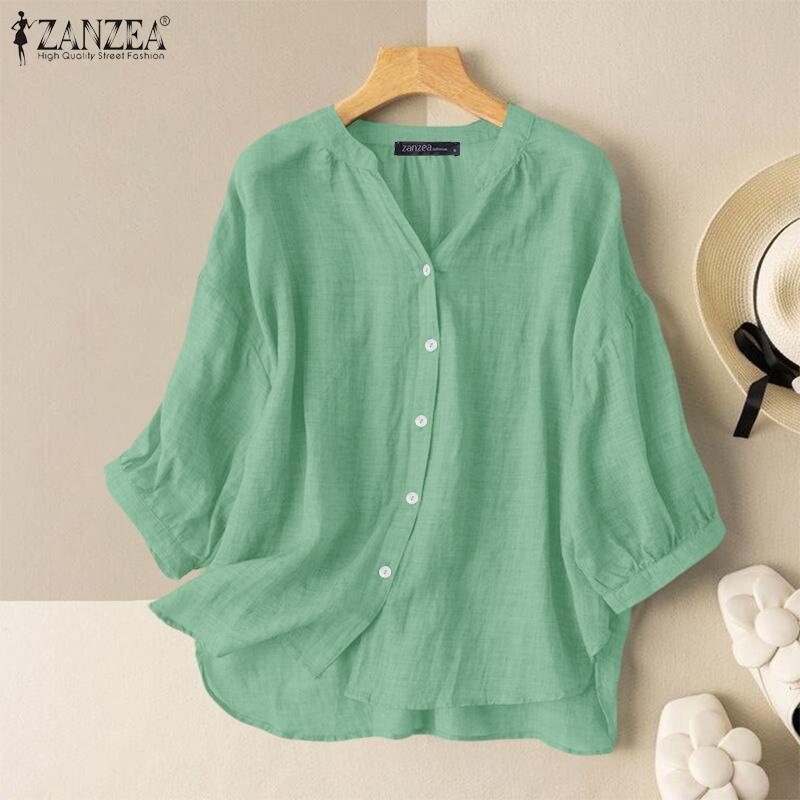 ZANZEA Women Round Neck 3/4 Sleeve Solid Color Casual Thin Blouses
