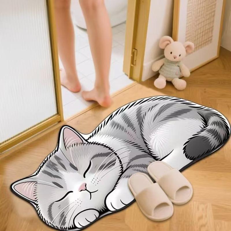 Floor Mat Non-Slip Backing Cat Design Easy Maintenance Versatile Rug Living Room Bathroom Kitchen Home Decor