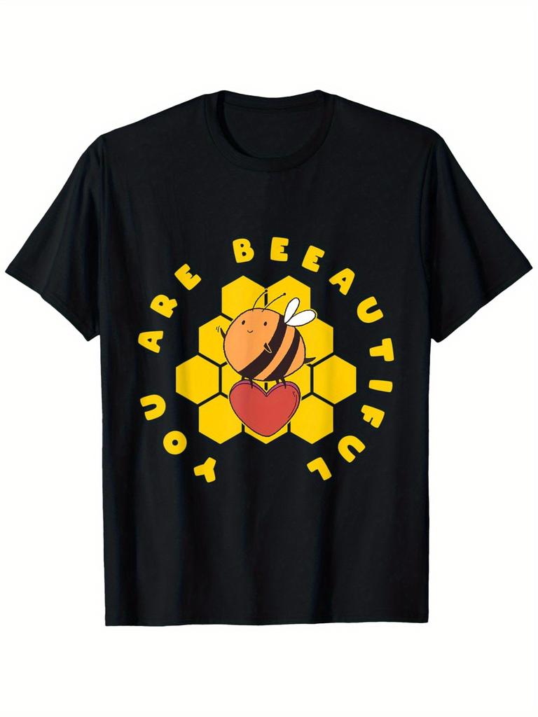 Niedliches Biene Du bist wunderschön Honigwabe Grafik T-Shirt Herren Freizeit Baumwoll-Tee Alltags-Tee
