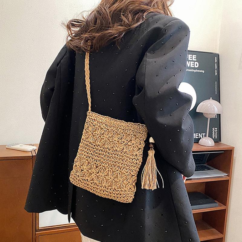 Poșetă pentru femei, cu umăr țesut din paie, pentru plajă, cu ciucuri, boho, cu croșetat, poșetă de mână, poșetă