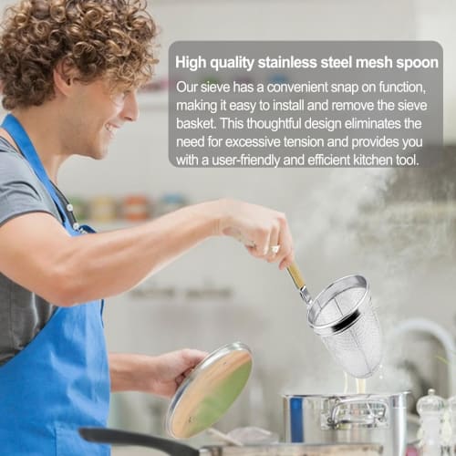 Strecurătoare ramen de calitate comercială, ustensile de bucătărie, strecurătoare ramen, strecurătoare udon, strecurătoare adâncă, strecurătoare pentru tăiței din oțel inoxidabil cu mâner de lemn, stainl