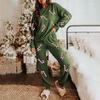 Yousheng 2 Pcs/Set Women Fall Winter Set Christmas Tree Snowman Santa Print Sequin O Neck Long Sleeve Top Elastic Waist Pants Set New Year Holiday