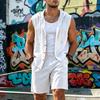 Men's Linen Summer Hooded Sleeveless Shirt & Shorts Set - Breathable Cotton Two-Piece