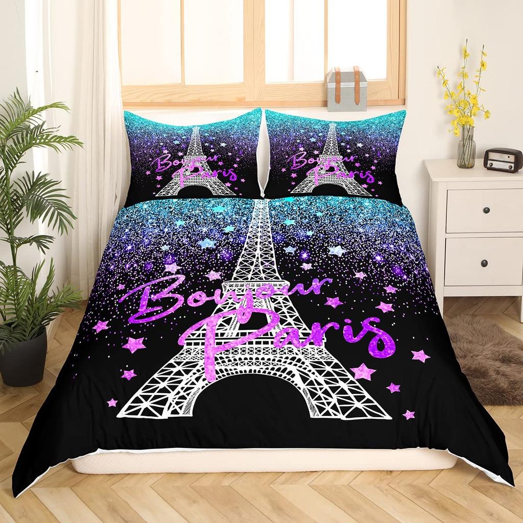 Paris Eiffel Tower Bedding Set Historical Scenery Duvet Cover Famous City Scene Comforter Cover Modern Cityscape Quilt Cover