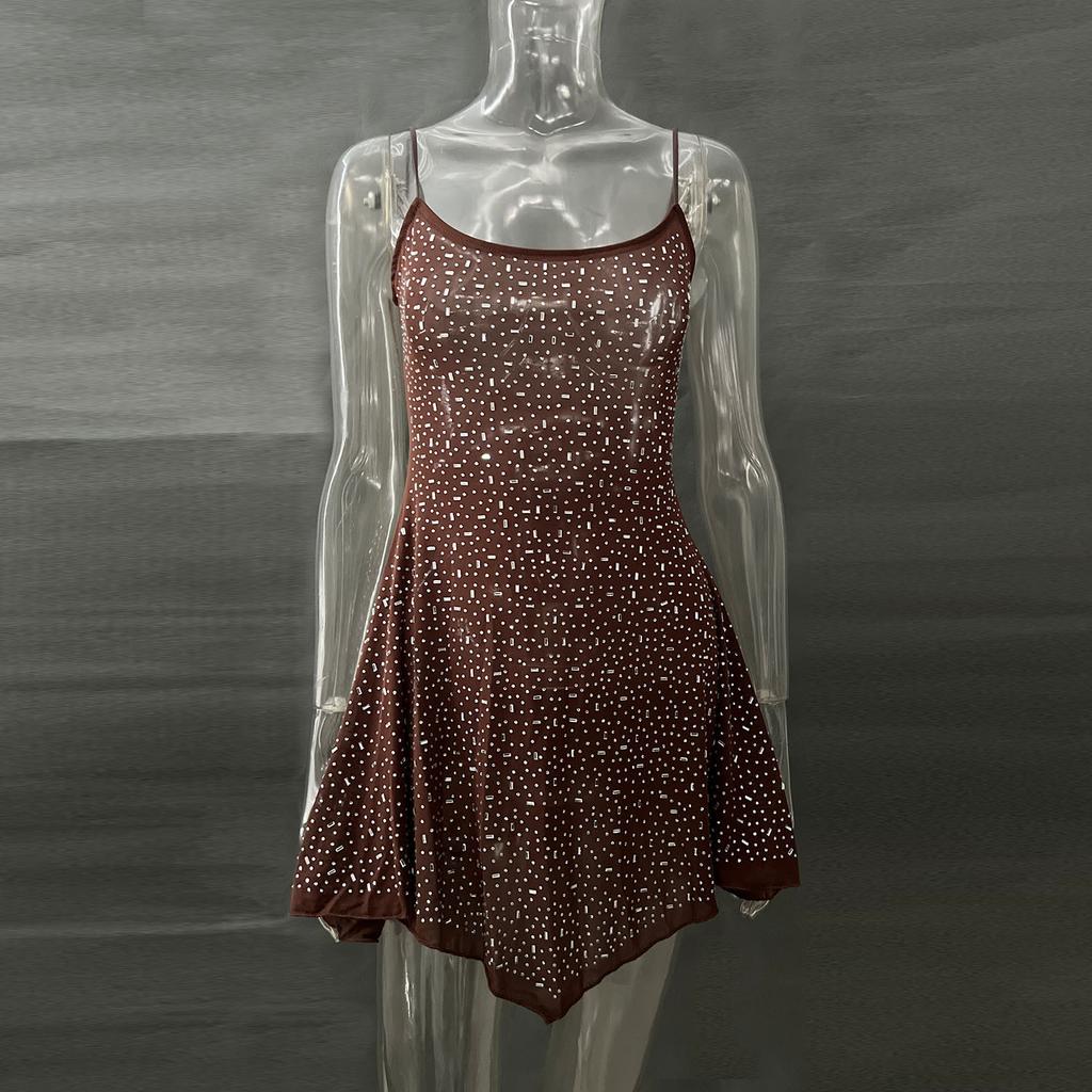 Party Rhinestone Semi Transparent Suspender Short Dress