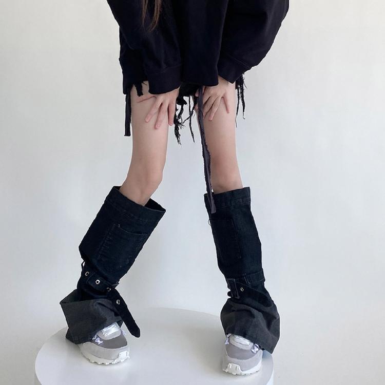 Women Japanese Punk Buckle Strap Leg Warmers Harajuku Aesthetic Streetwear Baggy Loose Denims Leg Sleeve Foot Covers