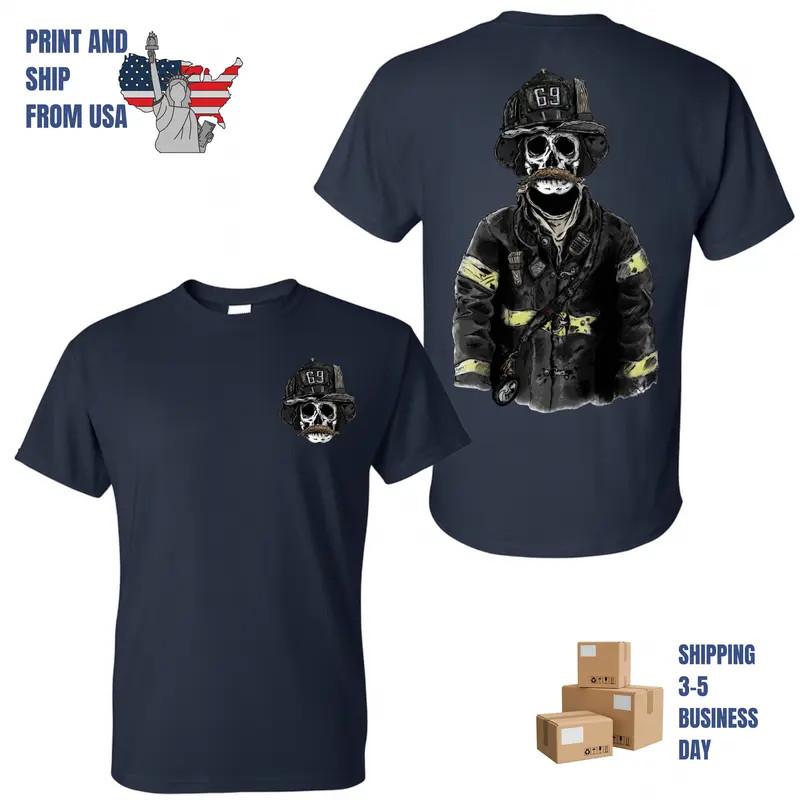 Mustache Firefighter 69 Skull T-Shirt, 2 Sides, Skeleton Fireman Graphic Tee S разноцветный